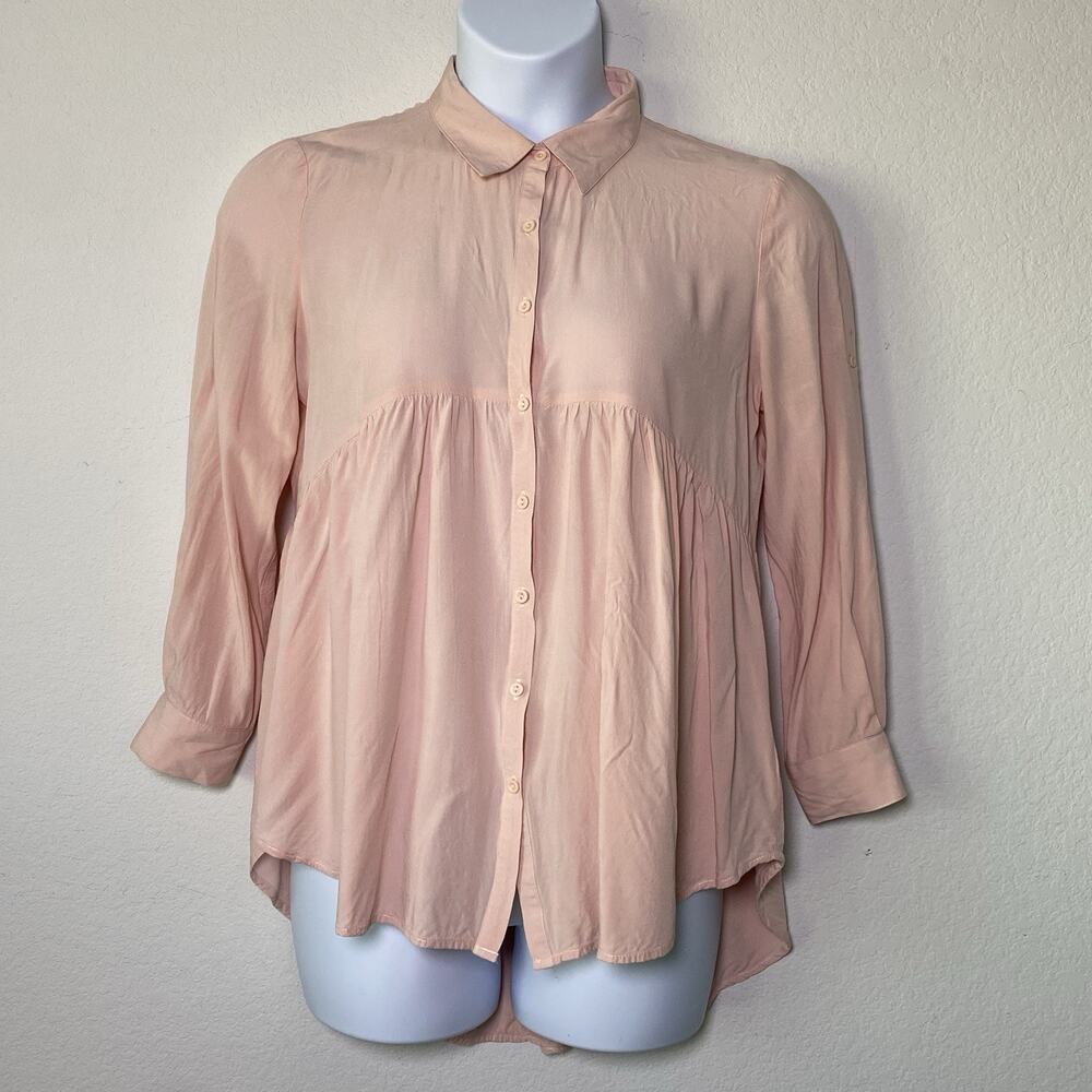 Umgee Pink Long Sleeve Button Up Tunic Top Medium High Low Hem Babydoll Flowy